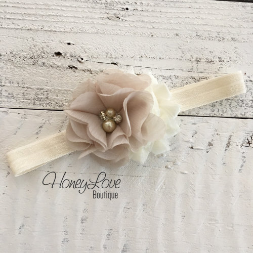 Ivory cream and champagne shabby chiffon flower rhinestone pearl headband hair bow, newborn infant toddler little baby girl photo shoot prop