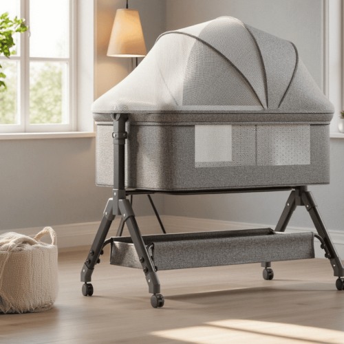 5-in-1 Convertible Baby Crib Portable Folding Bed with Mattress Locked Wheels Changing Table for 0-36 Months Unisex, GREY