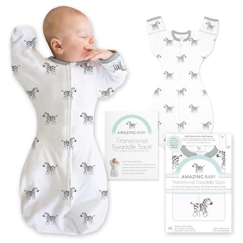Amazing Baby Transitional Swaddle Sack, Arms Up Half-Length Sleeves & Mitten Cuffs, Swaddle for Newborn Transition to Baby Sleep Sack Wearable Blanket, Medium, 3-6 Month, 14-21 lb, Little Zebra