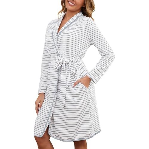 Cotton Robes for Women Striped Long Sleeve Kimono Bath Robe Lightweight House Coat Bathrobe Loungewear with Pockets