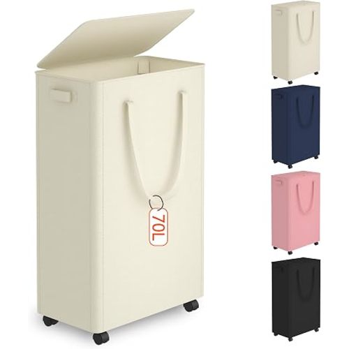 Slim Laundry Hamper with Wheels,18 Gal (70L) Rolling Laundry Basket with lid and wheels Clothes Hamper Foldable Tall Dirty Clothes Basket Sturdy Collapsible Clothes Hamper for Dorm,Laundry Room