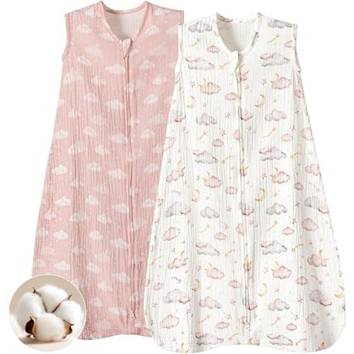 PHF Soft Muslin Cotton Baby Sleep Sack 6-12 Months, 2 Pack 100% Cotton Sleeping Sack for Summer, 0.5 TOG Baby Wearable Blankets with 2-Way Zipper, Sleep Sacks for Girls Newborn, Pink Clouds