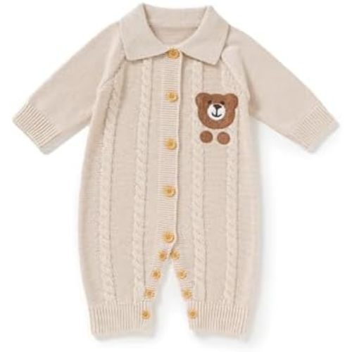 Avibae Knit Baby Sweater Romper, Cotton Thermal Clothes for Newborn Infant, Boys and Girls Onesie, Bear Pattern