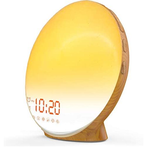 Wake Up Light Sunrise Alarm Clock for Kids, Heavy Sleepers, Bedroom, with Sunrise Simulation, Sleep Aid, Dual Alarms, FM Radio, Snooze, Nightlight, Daylight, 7 Colors, 7 Natural Sounds, Wood Color