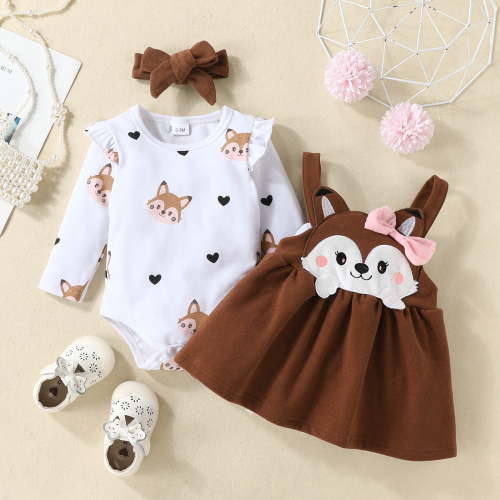 0 Months Newborn Baby Girl Clothes Winter Outfits Infant Girls Floral Printed Romper and Ruffle Dress Sets 3pcs Winter Fall Outfits Brown