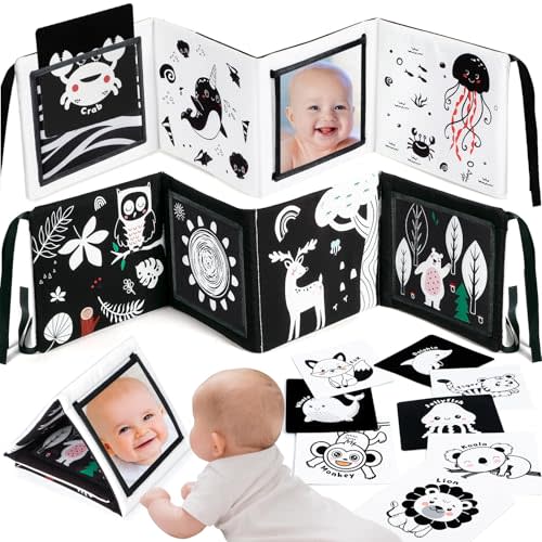 URMYWO Tummy Time Mirror Toys, Visual Stimulation Learning Cards, High Contrast Black and White Baby Toys for Newborn, Soft Baby Book for infant 0-12 Months, Baby Boy Girl Shower Gift Stocking Stuffer