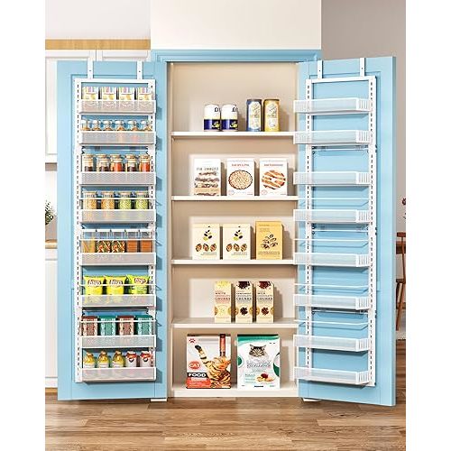 SNTD Over the Door Pantry Organizer - 8 Tier Adjustable Pantry Door Spice Organizer, Large Capacity Hanging Door Spice Rack for Kitchen Pantry Organizers and Storage (White, 12.3" W x 4.7" D x 69" H)