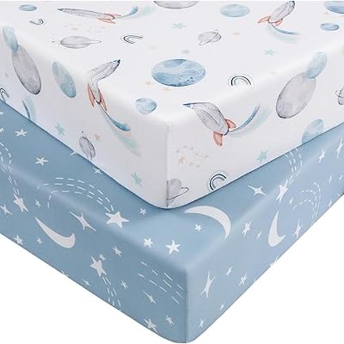 Baby Crib Sheets for Boys and Girls, Fitted Crib Sheets 52" x 28", Soft Breathable Microfiber Sheets for Standard Crib and Toddler Mattress, 2-Pack Blue Rocket