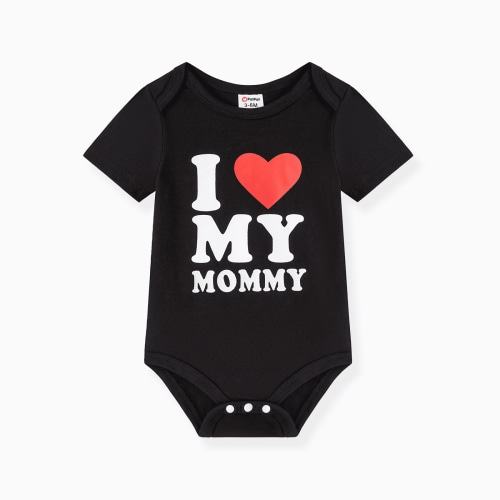 PatPat Daddy & Me Mother's Day Baby Boy/Girl Heart & Letter Print Short-sleeve Bodysuit Black 9-12 Months