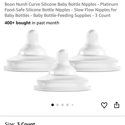 Boon Nursh Curve Silicone Baby Bottle Nipples - Platinum Food-Safe Silicone Bottle Nipples - Slow Flow Nipples for Baby Bottles - Baby Bottle-Feeding Supplies - 3 Count