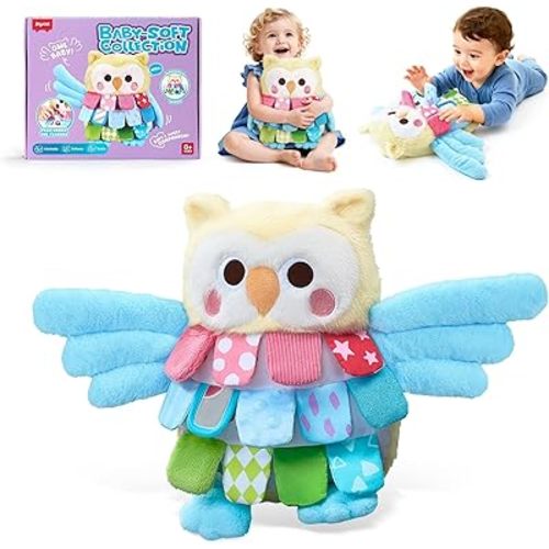 JoyCat Sensory Owl Baby Toy for 0-12 Months, 13''Soft Tummy Time Infant Toy with Multi-Textured Crinkle Feathers, Baby Mirror, Stuffed Animal Plush Montessori Easter Gifts for Newborn Boys and Girls
