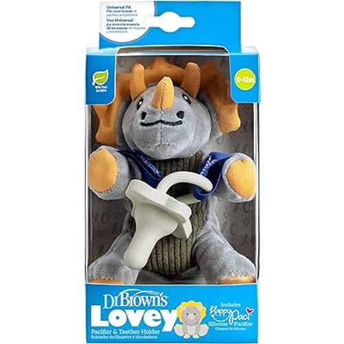 Dr. Brown's Baby Lovey Pacifier and Teether Holder, Triceratops with Gray HappyPaci, 100% Silicone, 0-6m (Packaging May Vary)