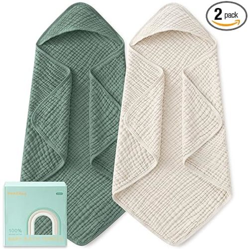 Yoofoss Hooded Baby Towels for Newborn 2 Pack 100% Muslin Organic Cotton Baby Bath Towel with Hood for Babies, Infant, Toddler and Kids, Large 32x32Inch, Soft and Absorbent Newborn Essential, Green & Tan