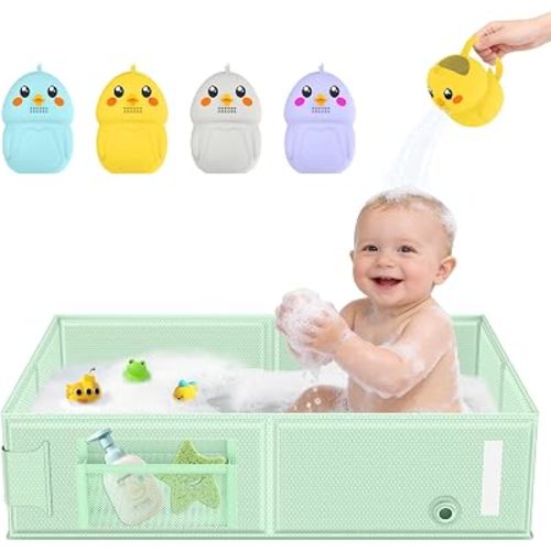 Collapsible Baby Bathtub, Foldable Toddler Bath Tub with Chick Pattern Bath Rinse Cup, No Assembly Portable Travel Bathtub for 6M-5Y, Ideal for Shower, Travel Essentials & Baby Registry Gift