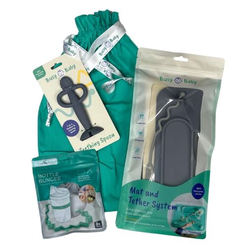 Busy Baby Gift Set - Includes 1 Busy Baby Mat 1 - Bottle Bungee 1- Teething Spoon and 4 Universal Bungee Straps in a Gift Bag, Keeps Baby Essentials Within Reach (Pewter)