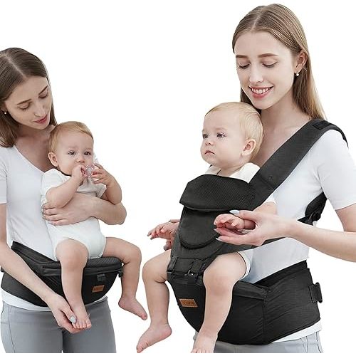 Baby Carrier with Hip Seat, Baby Carrier Newborn to Toddler, 6-in-1 Ways to Carry, All Seasons, Adjustable Baby Holder Carrier for Breastfeeding (Black