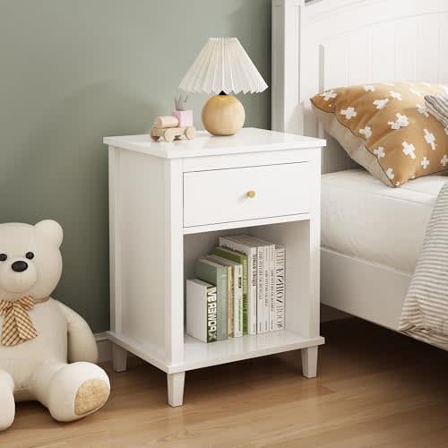 ALYIAMXL Kids Nightstand Modern Kids Bedside Table with One Drawer & Open Storage Shelf Wood End Side Table Toddler Nightstand for Bedroom Living Room (White)
