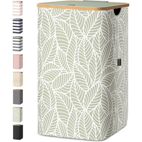 BALEINE Laundry Hamper with Lid, Tall Laundry Baskets with Bamboo Pull Handles, Large Laundry Bin with Internal Support (18 Gal/70L, Antique Foliage)