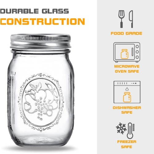 Regular Mouth Glass Mason Jars 16 oz, 6 Pack Glass Canning Jars with Metal Airtight Lids and Bands and Measurement Marks, for Canning, Preserving, Overnight Oats, Jam, Jelly, Food Storage, DIY etc