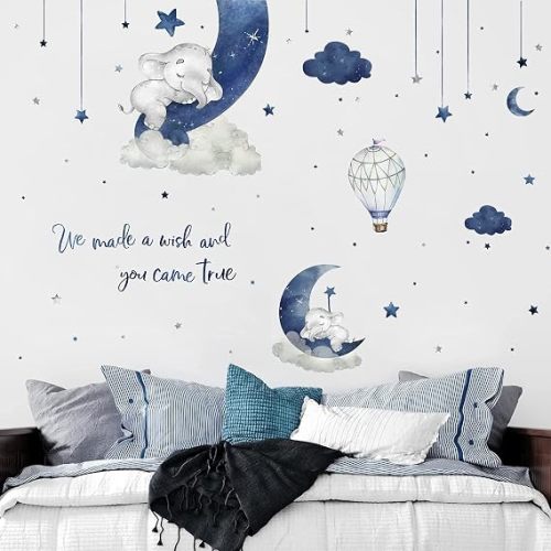 Yovkky Watercolor Blue Grey Sleeping Elephant Wall Decals, We Made a Wish
