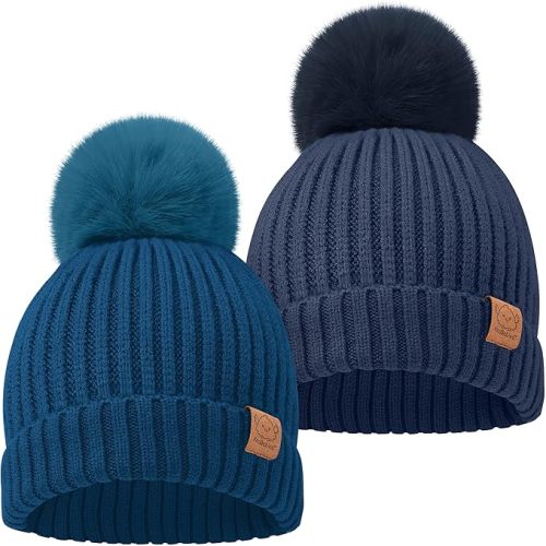 KeaBabies 2-Pack Baby Hats for Girls, Boys - Stretchy Baby Beanies, Cute Newborn & Toddler Winter Hat, Soft & Warm Pom Pom Beanie for Infant, Toddler, Boys, Girls 6-36 Months (Cobalt, M)