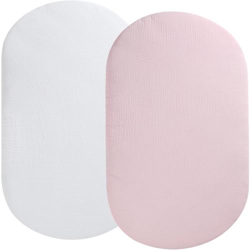 Muslin Bassinet Sheet Compatible with UPPAbaby Bassinet, 2 Pack Cotton Stylish Boho Fitted Bassinet Sheets Super Soft for Baby White & Pink