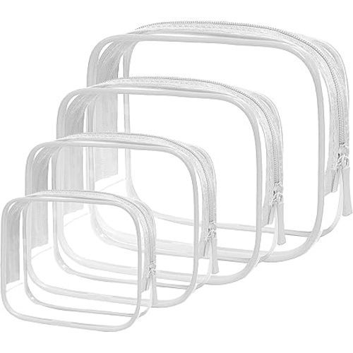 4 Pack TSA Approved Clear Travel Toiletry Bag Zippers Carry-on Travel Size Toiletries Cosmetic Pouch Clear Makeup Bags in 4 Size Travel Accessories Essentials for Men and Women (White, Pack of 4)