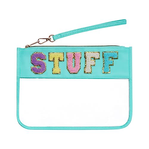 Chenille Letter Bag, Clear Flat Pouches with Zipper, Clear Makeup letter Bag, Multi-purpose Nylon Cosmetic Pouch Bags for Travel, Gym, Beach (Green-Stuff)