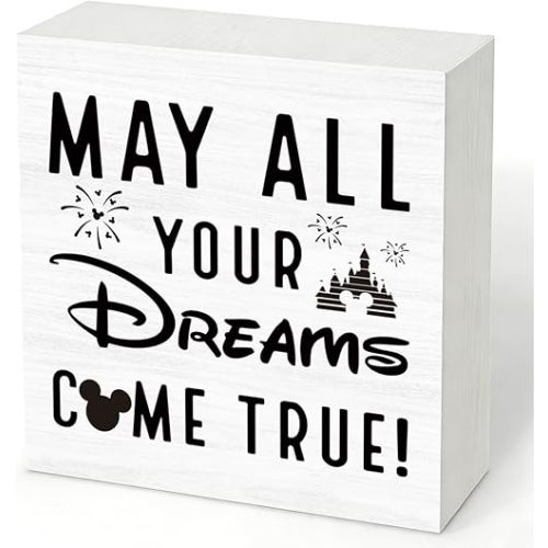 Mouse Theme Inspirational Wood Box Sign, May All Your Dreams Come True, Desk Decor for Home Office, Farmhouse Tabletop Plaque, Kawaii Gift for Friend Coworker