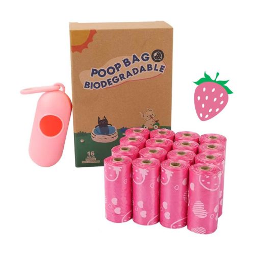 Dog Poop Bags Rolls, Strawberry Scent Biodegradable Pink, Large 9x13 Inch With Dispenser, Leakproof & Easy Tear 240 Count 16 Rolls for Outdoor Dog Walking
