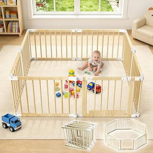 OMZER 64x64 Inch Baby Wooden Playpen - Foldable Baby Gate Pen for Babies and Toddlers - Portable Play Fence No-Tool No-Assembly Indoor & Outdoor - Adjustable Extra Large Play Yard for Kids, 8 Panels