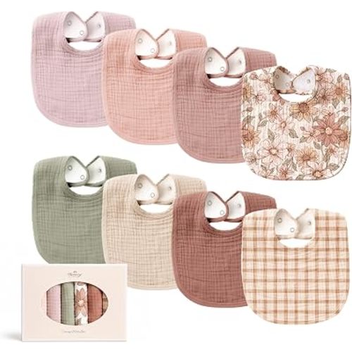 Konssy 8-Pack Muslin Baby Bibs, Adjustable Fit for Drooling and Teething