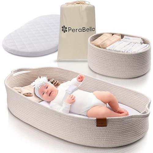 Baby Changing Basket for Baby Dresser, Moses Basket for Babies, Cotton Rope Diaper Changing Basket, Unisex Baby Moses Basket, Foam Diaper Changing Pad for Dresser, Changing Table Topper for Dresser