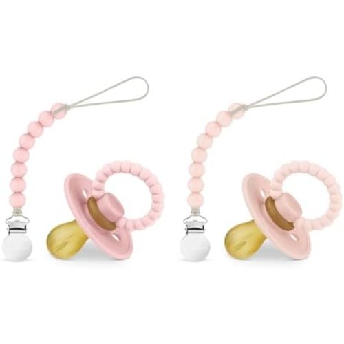 Luladream Pacifier and Clip Set - Natural Rubber Nipple - Soft Teething Handle - for Infants Baby's and Toddlers, 0-18 Months (Blush Pink + Rose Petal + Clips)
