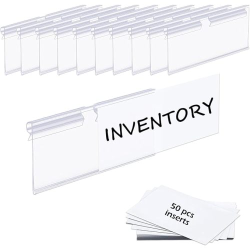 50PCS Basket Bin Labels Clip On,ChanQnTon Clear Plastic Label Holders for Storage Bins, Wire Shelf Price Tags,Merchandise Display Signs,50PCS 6X4CM Paper Inserts Included.