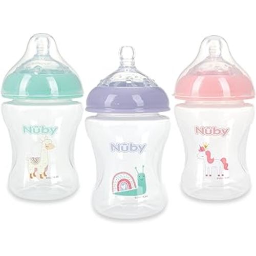 Nuby 3-Pack Infant Feeding Bottles with Slow Flow Breast Size Silicone Nipple: 0+ Months, 8oz, 3 Pack Set: Delicate Llama, Snail, Unicorn Prints