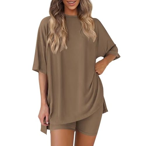 PRETTYGARDEN Women's Two Piece Lounge Set 2025 Summer Casual Oversized Shirts Biker Shorts Matching Airport Travel Outfit