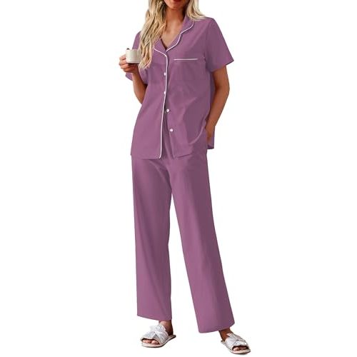 Ekouaer Women's 100% Cotton Pajamas Set Short Sleeve Button Down Pjs 2 Piece Soft Sleepwear with Long Pants Lounge Set