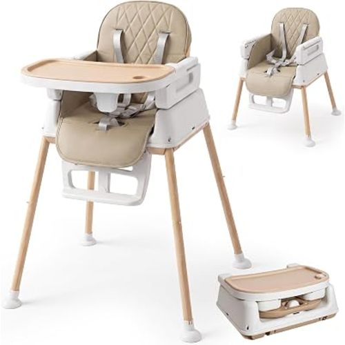 Baby High Chair for Babies and Toddlers, 3-in-1 Convertible Highchair with Built-in Leg Storage, Compact Pack-Away Design, Baby Eating Feeding Chair, Silla De Comer para Bebe, Beige