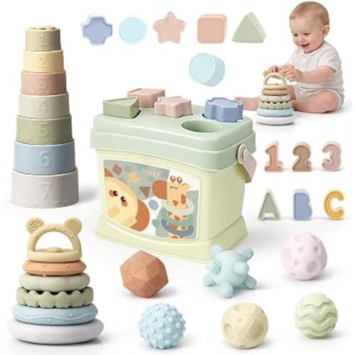 Montessori Baby Toys 6-12 Months – 4-in-1 Shape Sorter, Stacking Rings, Stacking Cups & Sensory Balls, Teething Toys for 6+ Months, Neutral Colour Boys and Girls