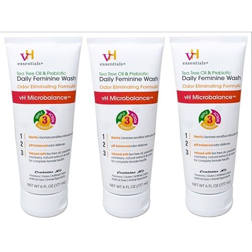 vH essentials Intimate Feminine Wash, pH Balanced with Tea Tree Oil, Cranberry, Prebiotics Odor Eliminating Formula, 6 FL OZ - 3 Pack