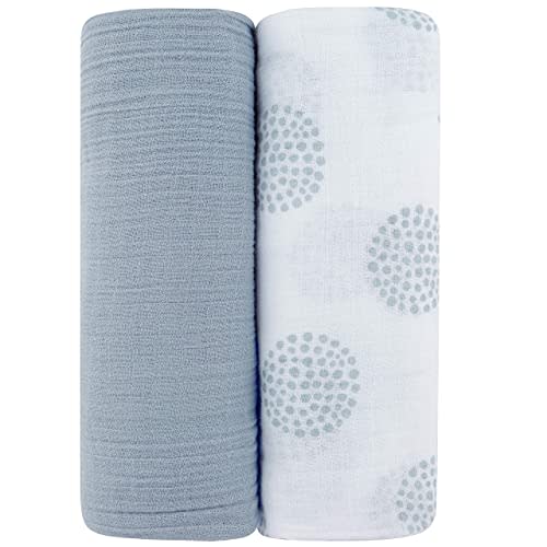 Ely's & Co. Cotton Muslin Swaddle Blanket 2-Pack for Baby Boy — 100% Cotton Muslin Extra-Large Swaddle Blankets (47” x 47”) Misty Blue, Solid & Dottie Design