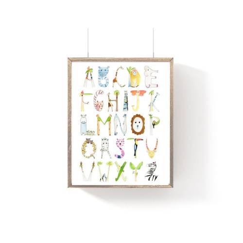 Watercolor Safari Animal Alphabet Print: Nursery Wall Art