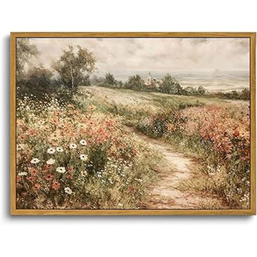 OIQArtOIQ Framed Canvas Wall Art,Vintage Decor,Landscape Nature Country Wildflower Paintings Farmhouse Pictures Modern Artwork Rustic Fall Flower Prints Cottagecore Office Living Room Bedroom Bathroom