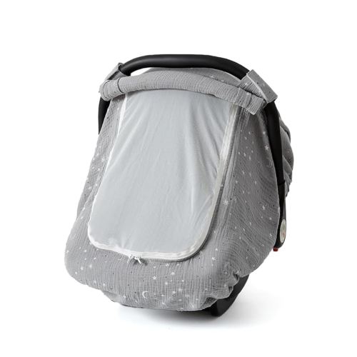 Muslin Cotton Baby Car Seat Covers - Breathable Mesh Window Canopy for Babies - Windproof, Summer (Gray)