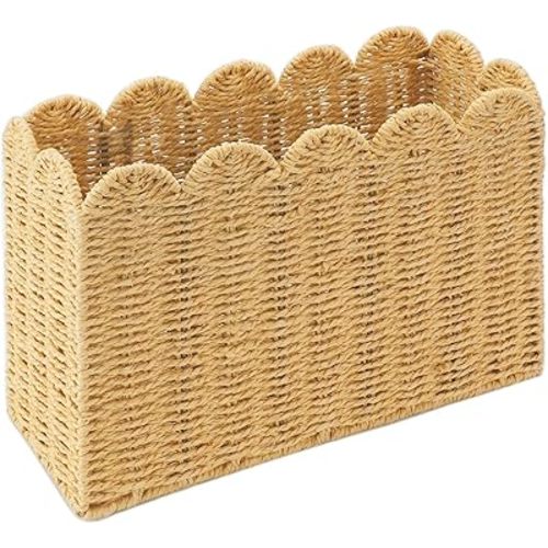 Paper Rope Magazine Holder with Scalloped Edge – Handwoven Floor Rack for Books, Newspapers, Mail & Files – Decorative Magazine Basket for Bathroom, Living Room, Office