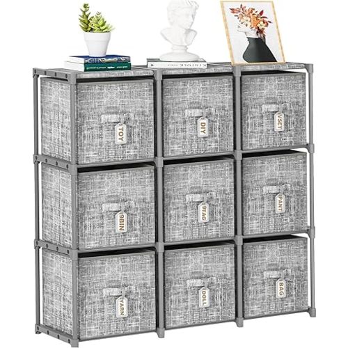 9 Cube Closet Organizer with Beautiful Printed Drawers + Labels, Storage Shelf, Toy Cubby Organizer