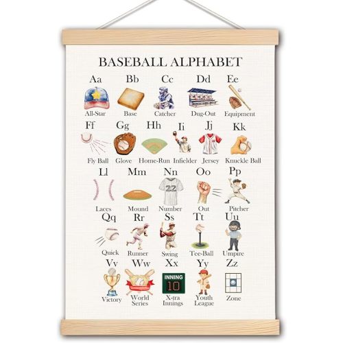 pouep Baseball Alphabet Nursery Wall Art Poster, Baseball Room Decor for Boys, Sports ABC Alphabet Educational Canvas Prints Wall Decor for Kids Boys Bedroom Dorm Nursery, 12x16 Inches