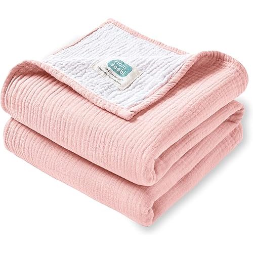 Mom Beebi Muslin Baby Blankets for Girls, 100% Cotton Breathable Swaddle Blanket, Perfect Size 37''x37'' Soft Baby Girl Blanket, 4-Layer Receiving Blankets Baby Girl (Light Pink)