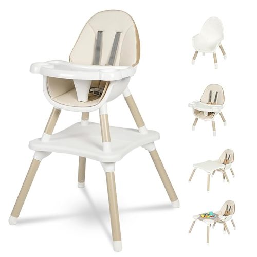 Gofirst 6 in 1 Baby High Chair,Convertible High Chairs for Babies and Toddlers/Booster Seat/Table and Chair Set,Babies Feeding Chair/5-Point Harness,4-Position Removable Tray&PU Cushion Baby Highchair